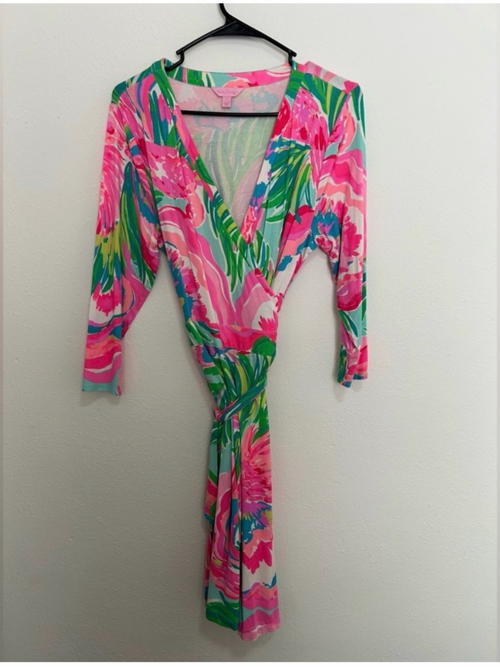 Lilly Pulitzer Bright Floral Wrap Dress in Pink & Green,Size Large